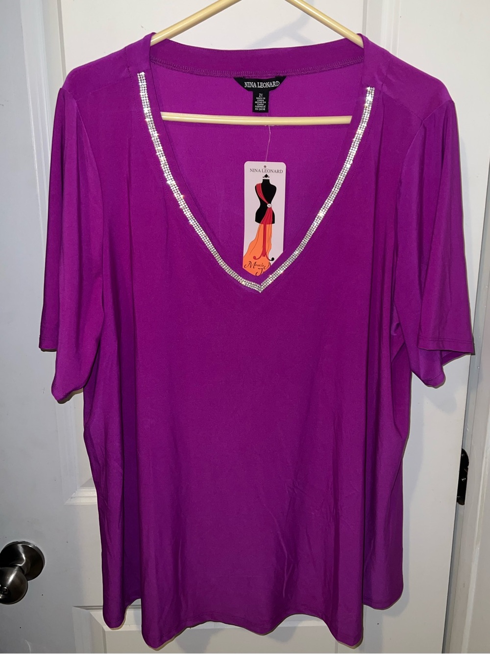 Nina Leonard Fuchsia V-Neck Short Sleeve Top with Rhinestone Trim